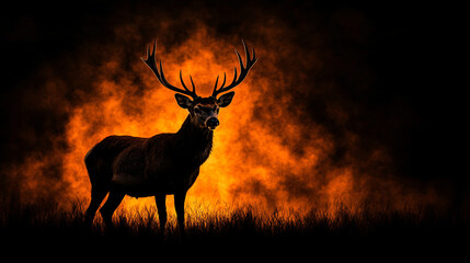 majestic deer stands in mystical scene, illuminated by glowing orange background. atmosphere is enchanting, evoking sense of wonder and tranquility