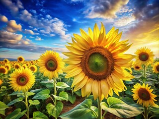 Obraz premium Vibrant Watercolor Sunflowers Field, Sunny Blue Sky, Summer Flowers, Botanical Art, Nature Painting