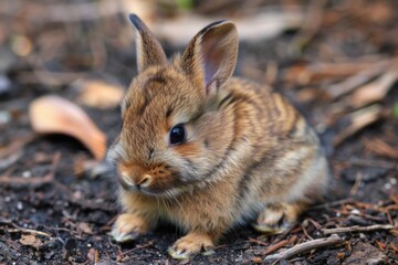 Fototapeta premium Small brown and tan bunny exploring the forest floor covered in dirt and twigs