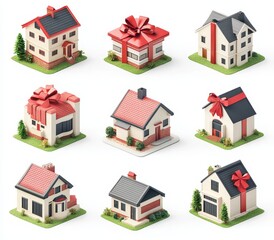 Nine isometric 3D models of houses, some wrapped as gifts.