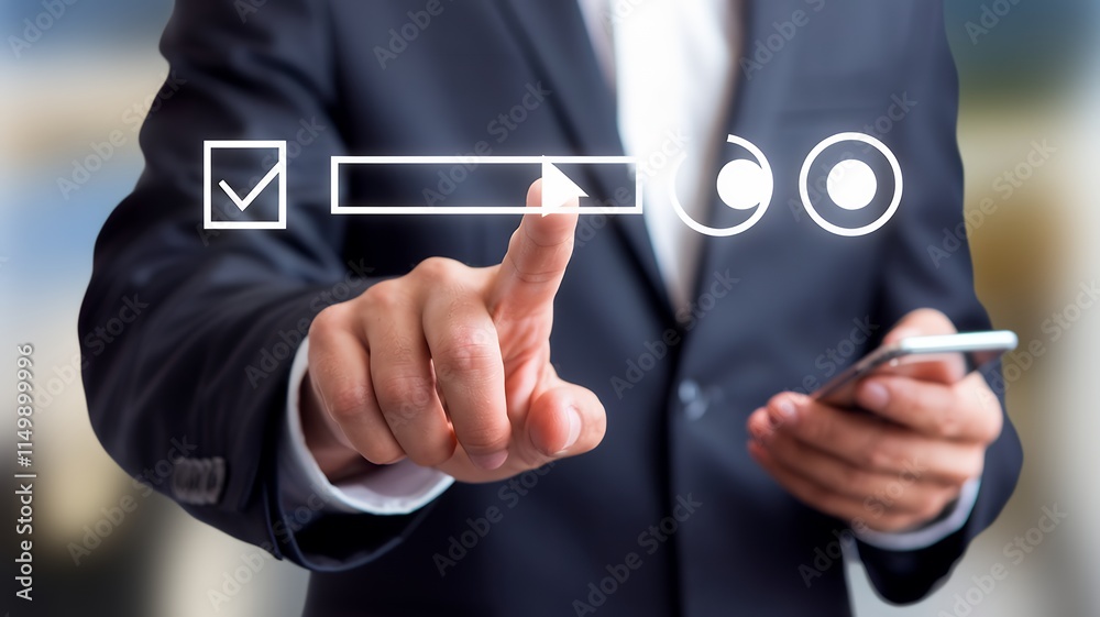 Poster businessman checking checklist, project management, progress tracking, workflow, task completion