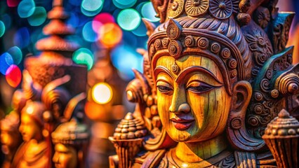 Fototapeta premium Vibrant Wooden Sculpture Carving Close-up with Bokeh Double Exposure Silhouette