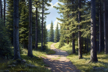 Fototapeta premium Tranquil Conifer Forest: A Serene Haven of Majestic Evergreens and Nature's Serenity