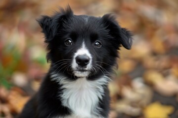 Border collie puppy sitting outdoors on a bed of fall leaves