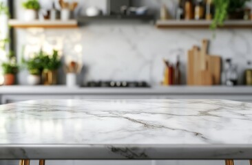 Empty marble kitchen counter with blurred background.