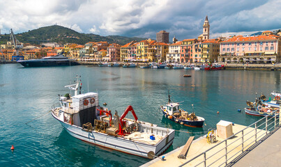 Scenic Drone View of Imperia Harbor with Fishing Boats and Colorful Buildings