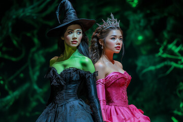 Two Asian women dressed as a witch with green skin and a princess in pink. Green forest background.
