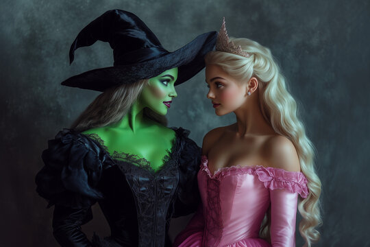 A woman with green skin wearing a witch hat looking at a blonde woman in a pink princess dress and a tiara. neutral background
