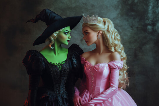 A woman with green skin wearing a witch hat looking at a blonde woman in a pink princess dress and a tiara. Grey background.
