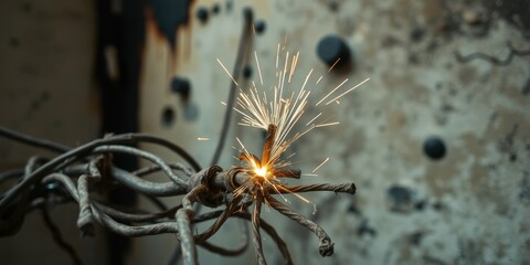 Close-up of sparking electrical wires in a damaged industrial setting