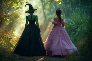 Back view of a green witch and a pink princess looking into a forest.