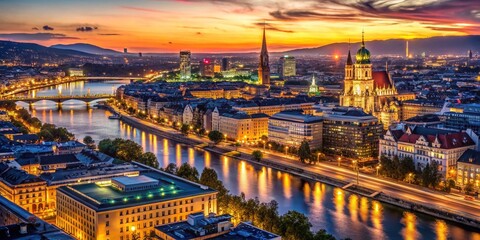 Vienna Night Cityscape, Low Light Photography, Austrian Capital, Danube River, Historic Architecture, Urban Scenery, Night View