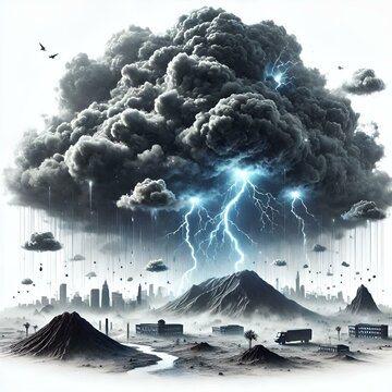 dark cloud with blue lightning over civilisation and a valley on a white background