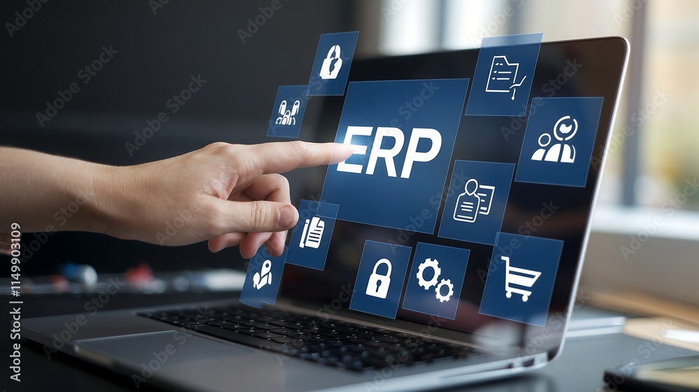 Aufkleber businessman using laptop for erp document management system, enterprise resource planning concept im