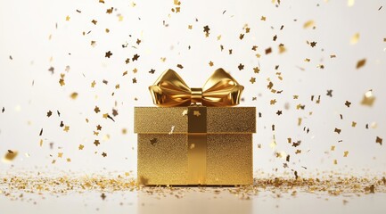 Gold gift box with bow and confetti. (3)