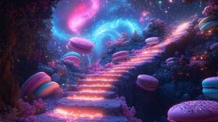 A staircase of glowing macarons, softly pulsating as it leads into a galaxy filled with sugar stars and cosmic desserts. 