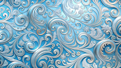 Ornate blue and silver decorative pattern.