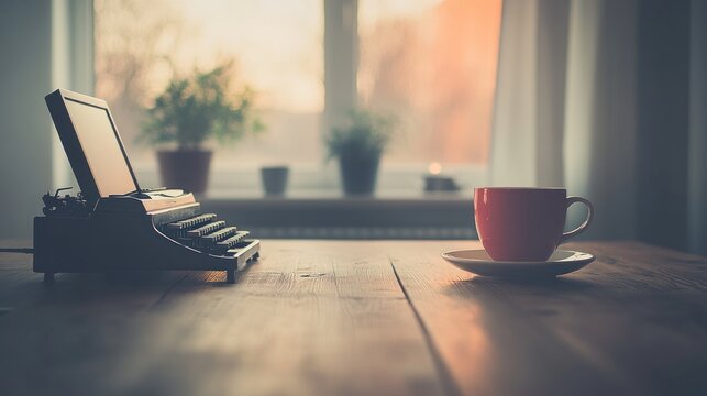 Vintage typewriter and coffee cup on wooden desk by window at sunset.