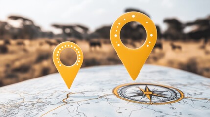 Two yellow location pins hover over a world map with a compass, showcasing safari landscape.