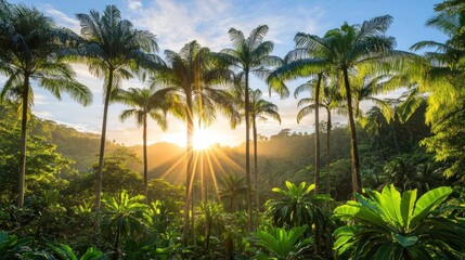 Obraz premium Sunrise through palm trees in lush tropical forest.