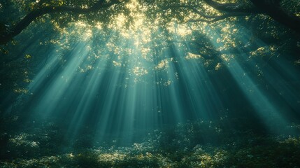 Obraz premium Sunbeams pierce dark, lush forest canopy.