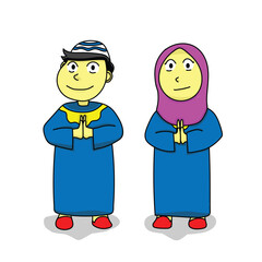Illustration of a Muslim Couple Greeting Ramadan and Eid Al-Fitr with Hands Together