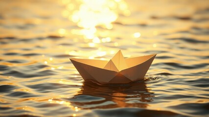 A small paper boat floats serenely on the golden water at sunset, reflecting the warm light.
