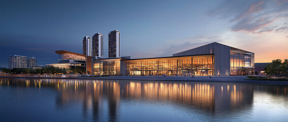 Fototapeta premium Modern waterfront convention center at dusk.
