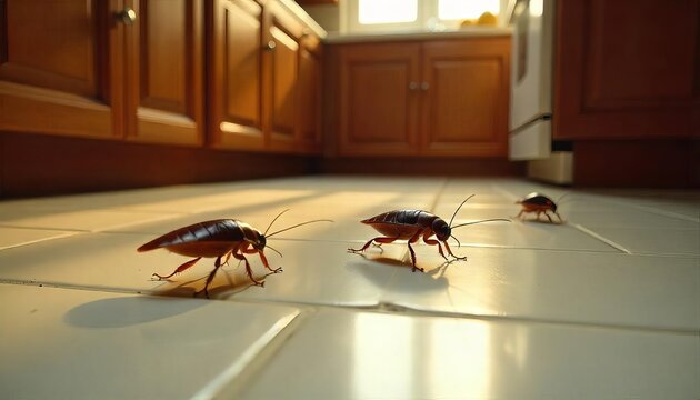 Close-up of cockroaches crawling on a tiled kitchen floor with wooden cabinets in the background