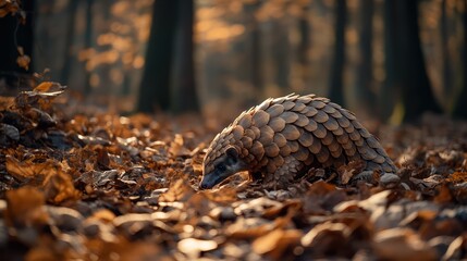 Fototapeta premium A ground-level perspective of a pangolin walking through a forest floor covered in dried leaves, its scales shimmering with subtle golden hues under dappled sunlight. The scene captures the pangolins 