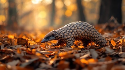 Obraz premium A ground-level perspective of a pangolin walking through a forest floor covered in dried leaves, its scales shimmering with subtle golden hues under dappled sunlight. The scene captures the pangolins 