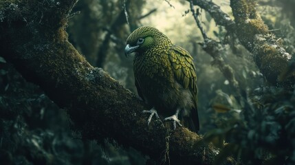 Fototapeta premium A portrait of a kakapo perched on a moss-covered tree branch, framed by dense forest foliage. Its vibrant green plumage with speckled yellow highlights blends harmoniously with its surroundings, evoki