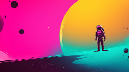 Obraz premium A vintage-inspired space exploration poster featuring a lone astronaut standing on a glowing alien planet with abstract geometric patterns in the sky. 