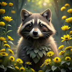 Charming raccoon in a flowery forest.