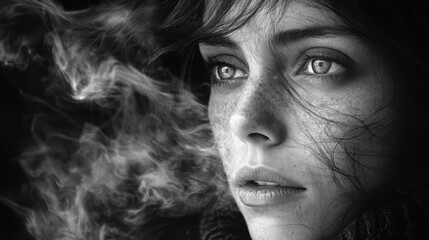 Fototapeta premium Freckled woman's face, smoky, thoughtful gaze.