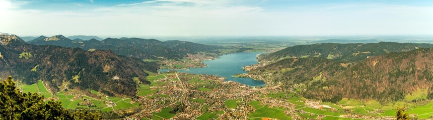Panorama View from the Wallberg to Lake Tegernsee and Gmund.
A town on a beautiful lake under the mountains.