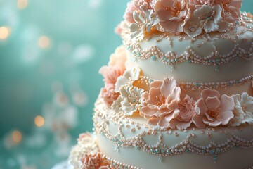 Fototapeta premium Elegant floral wedding cake decorated with fresh blossoms in a dreamy setting