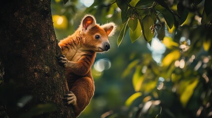 Fototapeta premium A tree kangaroo climbing a dense rainforest tree, surrounded by vibrant foliage and dappled light. The kangaroos soft, rust-colored fur contrasts beautifully with the vivid greens of its habitat, whil