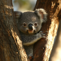 Obraz premium Adorable Koala Resting on Eucalyptus Tree in Natural Habitat, Iconic Wildlife of Australia. Close-Up of Furry Marsupial with Fluffy Ears and Gentle Expression in Lush Green Forest