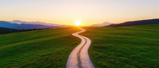 Sunrise on Winding Road, a vibrant dawn casts light on a meandering path, representing fresh beginnings and new journeys ahead