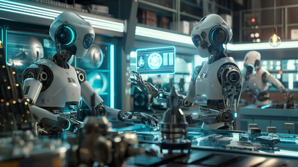 Fototapeta premium A futuristic robotics lab with advanced AI machines, holographic interfaces, and sleek, metallic robots working on intricate projects.