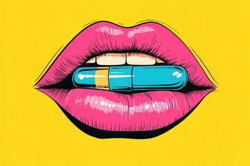 Obraz premium Pink lips holding a vibrant blue capsule