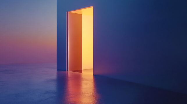 Abstract 3D render of white spheres and hills with pink and blue gradient background. Yellow light going through the open door isolated on navy background open door with glow light in blue room, opp

