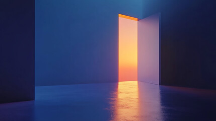 Fototapeta premium A long hallway with a blue wall and a pink wall 3 empty orange neon frames on dark blue background, glowing light frame with black inside empty room with door, open door, empty space