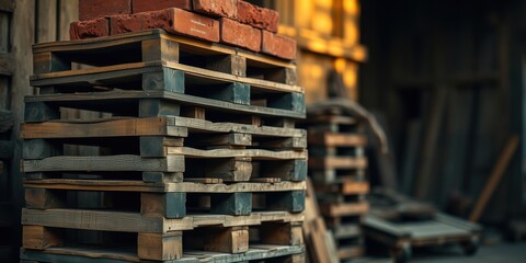 A Stack of Weathered Wooden Pallets with Bricks