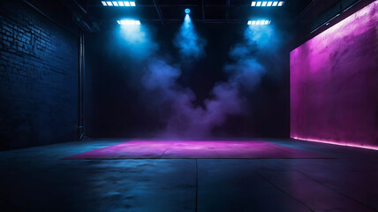 The dark stage shows, empty dark blue, pink background, neon light, spotlights, The asphalt floor and studio room with smoke float up the interior texture for display products.