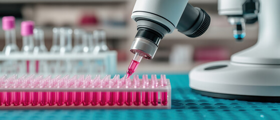 Close-up of advanced pipetting robots in a biotechnology lab for genetic sample handling