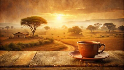 Vintage African Landscape: Terracotta Coffee Cup & Warm Ocre Sepia Tones Stock Photo
