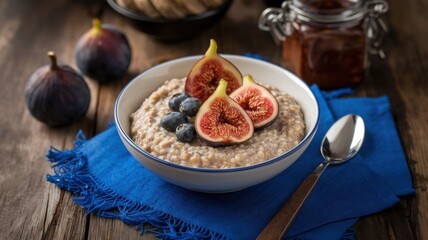 Oatmeal with chia seeds and figs, a healthy and healthy breakfast.