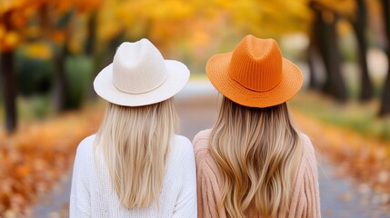 Dwie kobiety w kapeluszach spacerujące jesienią
